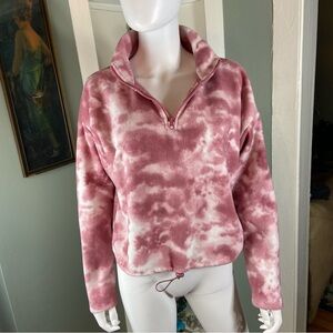 Hippie Rose Pink White Tie-Dye Fleece Cropped Sweatshirt Sweater L Quarter Zip
